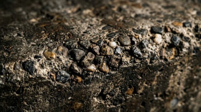 Macro photography of weathered concrete surface with embedded small pebbles and stones, showcasing a gritty stained texture and dramatic shadows for industrial design.