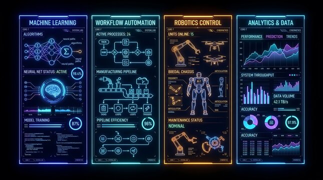 Luxury cyberpunk ai dashboard with machine learning workflow automation robotics control and analytics on a futuristic interface