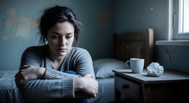 Sad woman hugging her knees and crying in a dimly lit bedroom
