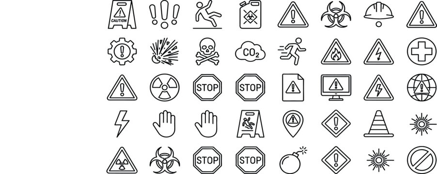 Warning and hazard safety line icon set vector illustration featuring danger attention caution biohazard radiation toxic and industrial risk symbols.