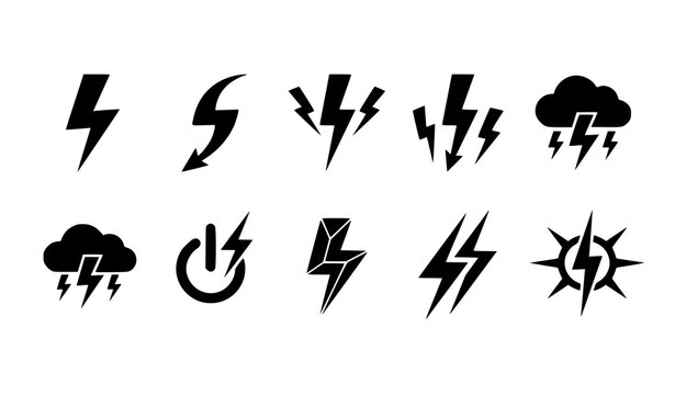 Minimal electric storm lightning icon collection black silhouette thunder bolts energy symbol set vector isolated on white