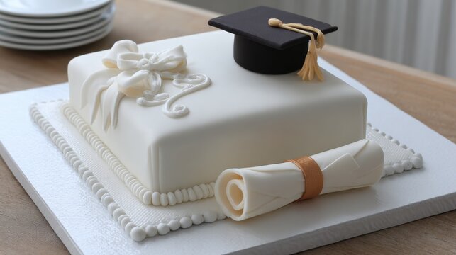 Elegant white fondant graduation cake with mortarboard and diploma decoration