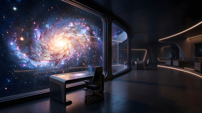 Futuristic office workspace interior with a giant view of a galaxy