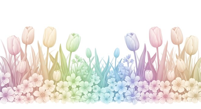 Pastel rainbow flower border featuring tulips and spring blossoms on white backdrop.