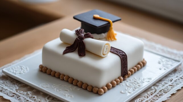 Elegant graduation cake with fondant mortarboard and diploma scroll decoration
