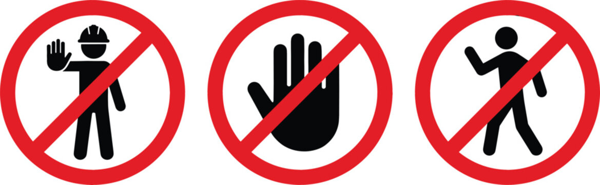 No entry and do not enter warning sign icon set vector illustration featuring red prohibition circles with pedestrian hand and construction worker silhouettes.