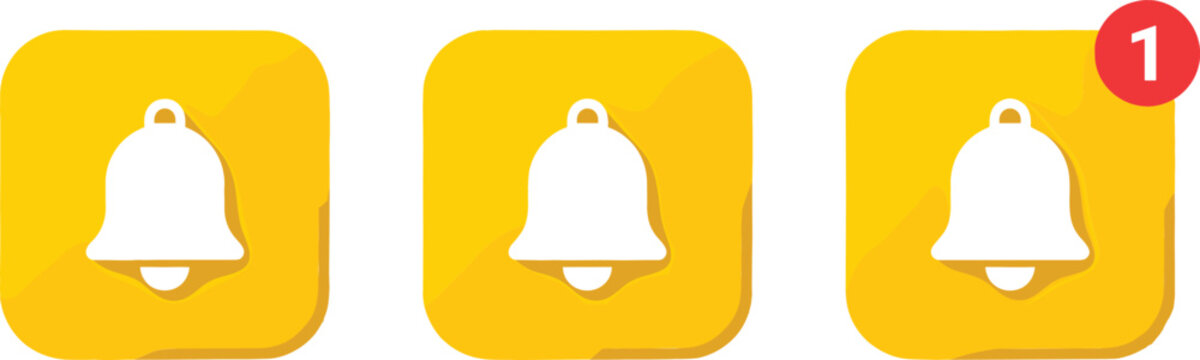 Notification bell icon set vector illustration featuring yellow square application buttons with a white alarm symbol and red unread message alert badge.