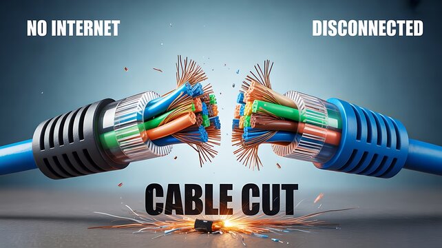 Broken internet cable connection concept with network outage and communication failure