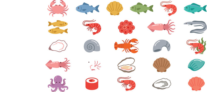 Seafood and marine life flat icon set vector illustration featuring crab fish shrimp lobster squid octopus shell and oyster isolated on white background.