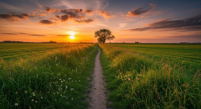 Narrow dirt path winding through green fields at sunset