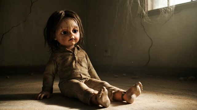 Creepy vintage doll with cracked face sitting on the floor of an abandoned dark room