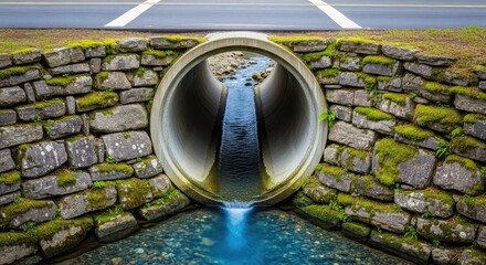 Fototapeta premium Large circular concrete drainage pipe integrated into a stone embankment under a suburban street, managing water runoff and creek flow, passage, environmental, suburban