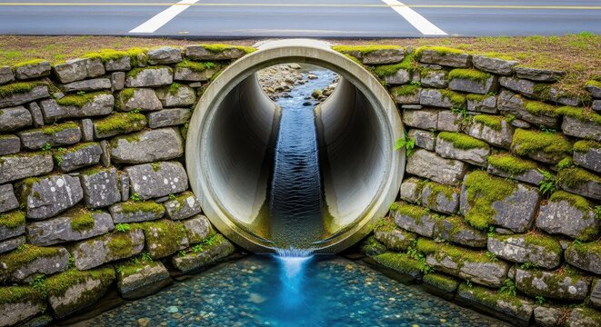 Large circular concrete drainage pipe integrated into a stone embankment under a suburban street, managing water runoff and creek flow, passage, environmental, suburban