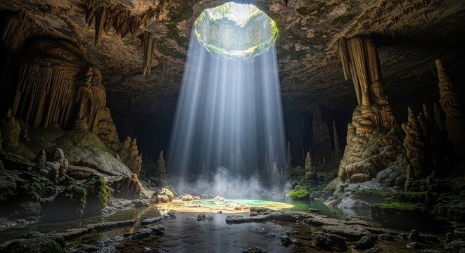 Sunbeams shining through a sinkhole into a deep mystical cave