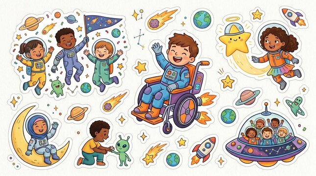 Inclusive space stickers with diverse children astronauts, cute cartoon galaxy elements for kids, wheelchair astronaut and diverse kids in outer space