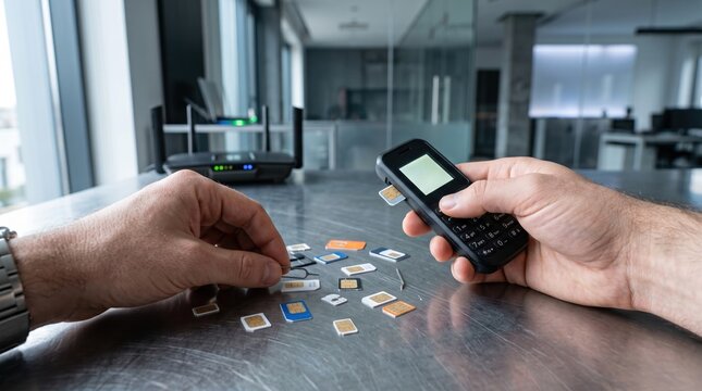 Person inserting a SIM card into a mobile phone for fraudulent telecommunications activities