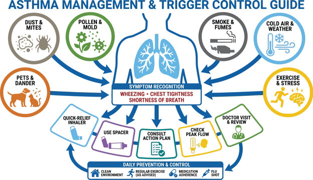 Asthma management guide illustrates symptom recognition and trigger control strategies for maintaining respiratory health and daily prevention.
