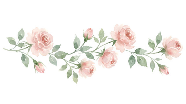 Watercolor pink rose floral border, elegant botanical flower garland with green leaves, romantic hand painted roses horizontal divider for wedding stationery