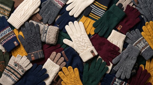 Assorted colorful knitted winter gloves and mittens arranged in a cozy flat lay pattern featuring various textures and patterns for cold weather fashion style
