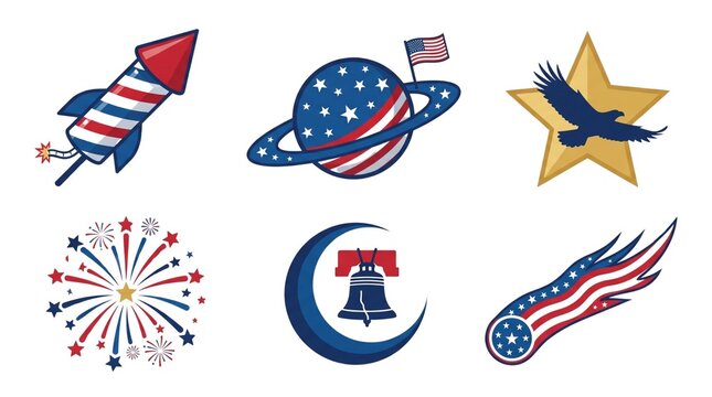 Patriotic American icons set, red white and blue fourth of July illustrations, 6 vintage USA symbols including rocket and eagle