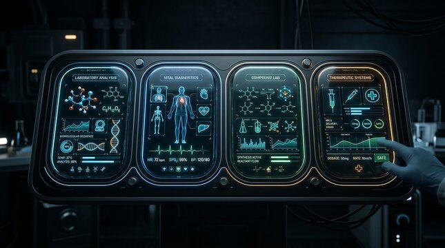 Futuristic laboratory dashboard with vital diagnostics and therapeutic systems glowing screens display medical data and chemical compounds in a dark room