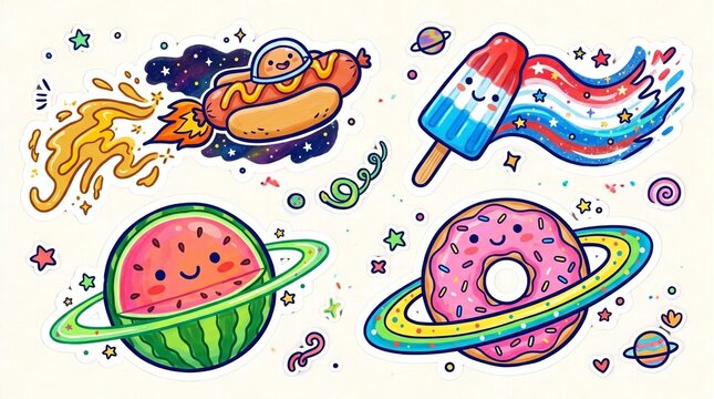 Whimsical space food stickers, cute cartoon galaxy snacks with kawaii faces, cosmic donut and watermelon planet illustrations, vibrant pop art doodles