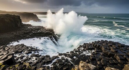 Fototapeta premium Ocean waves crashing against basalt rocks under dramatic sunset sky