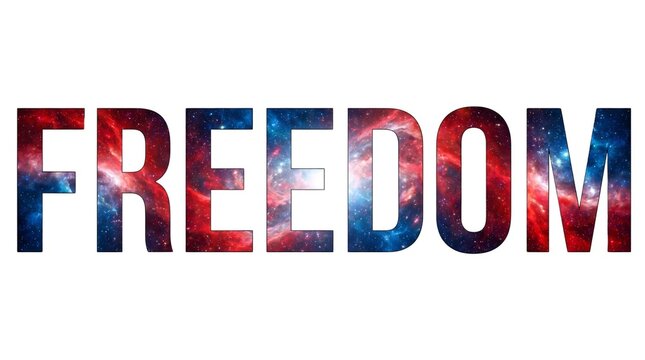 Freedom word with galaxy texture, cosmic nebula typography on white background, celestial space theme lettering for motivational concepts