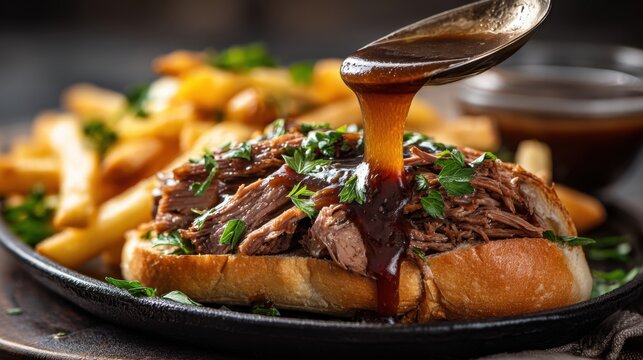 Spoon drizzling rich brown gravy over open-faced shredded beef sandwich with fries