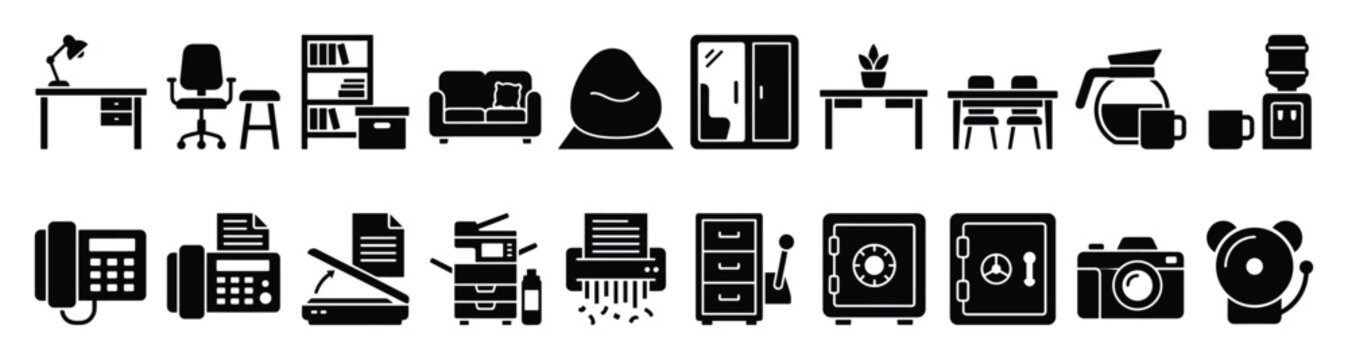 Office furniture and equipment glyph icons set. Business workplace essentials, corporate environment, communication, document management, security, leisure, digital appliances symbols.