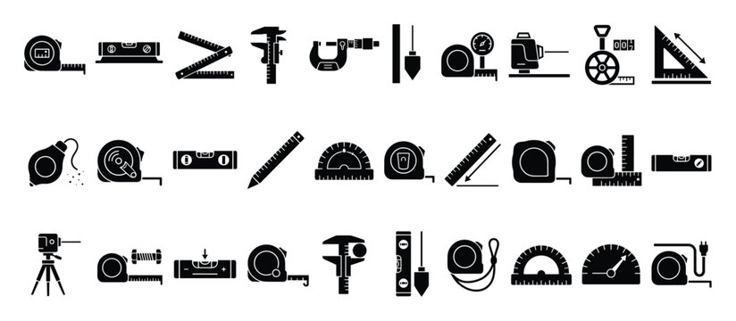 Set of measuring tools icons. Construction, engineering, DIY measurement instruments. Ruler, tape, level, caliper, micrometer, protractor, plumb bob, laser, glyphs.