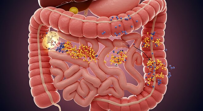 Three Dimensional Illustration Of Human Digestive System Intestines.