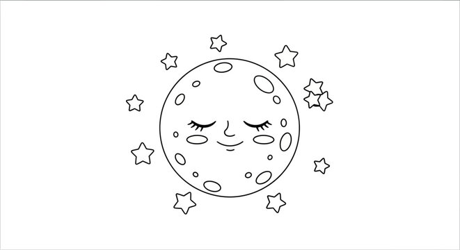 Cute cartoon moon with closed eyes and stars, simple line art, black and white illustration for children