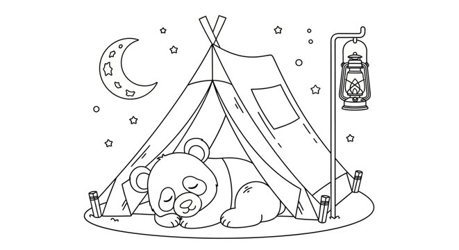 Cute cartoon panda sleeping peacefully inside a tent under the starry night sky with a crescent moon and lantern