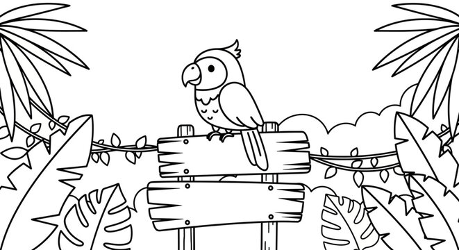 Cute cartoon parrot sitting on a wooden sign in a tropical jungle with palm leaves, black and white outline illustration for coloring