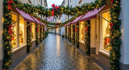 Fototapeta premium A charming cobblestone street glows with festive golden lights and vibrant pine garlands draped over storefronts during the winter season, architectural, noel, evening