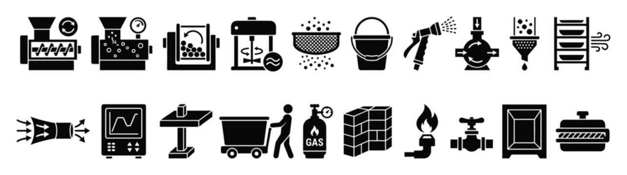 Set of industrial processing icons. Manufacturing equipment, factory machinery, chemical engineering, food production, pharmaceutical plant symbols.