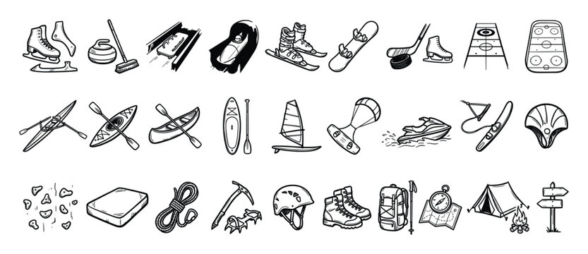Set of sport and outdoor activity icons. Winter, water, adventure, extreme sports equipment symbols. Collection of handdrawn active lifestyle pictograms, recreation gear.