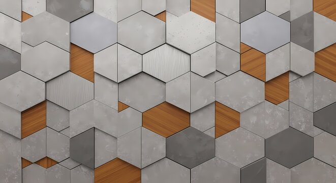 Modern Hexagonal Tile Wall Texture with Wood Accents