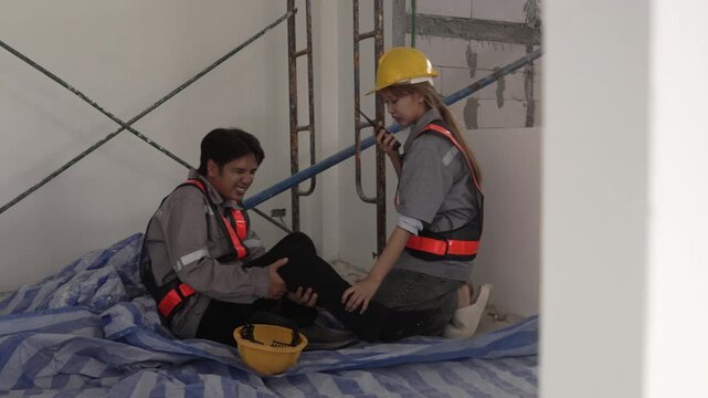 Construction worker receiving assistance from colleague after workplace accident on unfinished building staircase. Safety awareness, first aid response and occupational health concept at construction 