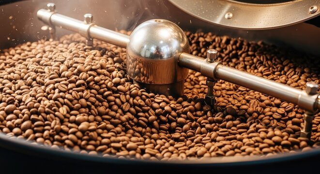 A close-up view of fresh coffee beans rotating inside a heated industrial roasting machine, changing from light green to a dark brown hue, energy, fresh, texture