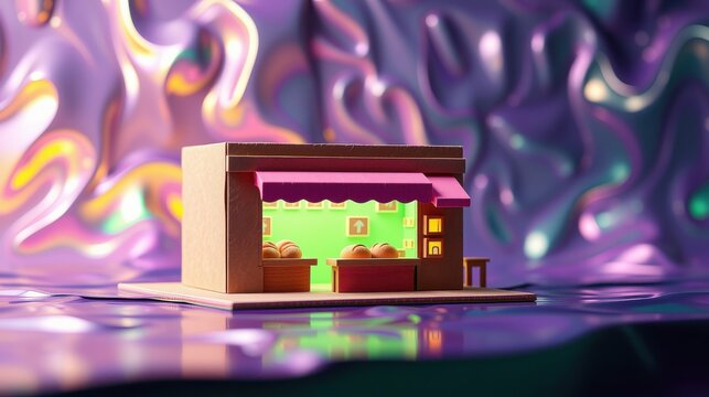 Small shop structure sits upon reflective surface. Bright colors, stylized design, modern aesthetic. Interior visible, inviting scene.