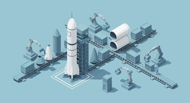 Isometric illustration of a space rocket launch site with industrial facilities.