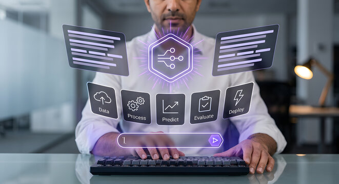 Businessman using holographic AI workflow interface, data process predict evaluate deploy concept, machine learning pipeline, MLOps automation, generative AI development technology