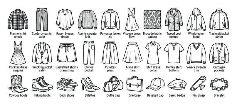 Clothing, apparel, accessories icon set. Garment, footwear, fabric symbols. Outline pictograms for fashion shop, catalog, web UI, mobile app.