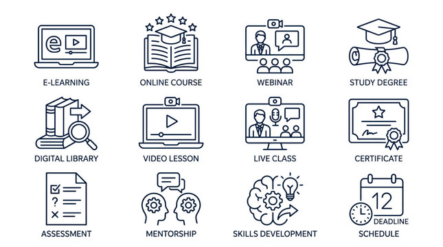 Online education icons e-learning webinar and study degree symbols for digital courses isolated on white background.