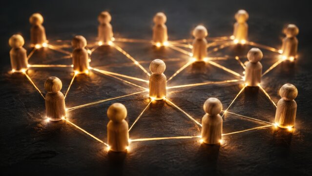 Wooden figures connected by glowing lines on dark tabletop