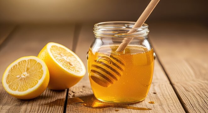 A glass jar of golden organic honey sits next to fresh yellow lemon halves and a wooden dipper on a rustic tabletop with warm lighting, golden, fruit, food