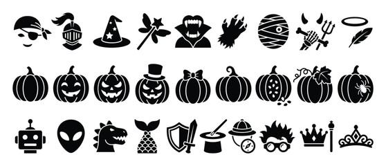 Fototapeta premium Set of Halloween character icons. Spooky costume symbols, fantasy elements, party collection. Pumpkin, monster, witch, vampire, knight graphics.