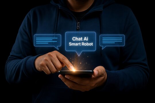 Person holds a smartphone displaying a chat bubble with the text 'chat ai smart robot' glowing brightly.
